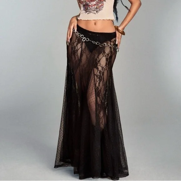 Black lace maxi skirt for festivals & fairs. Clubbing - Picture 5 of 6